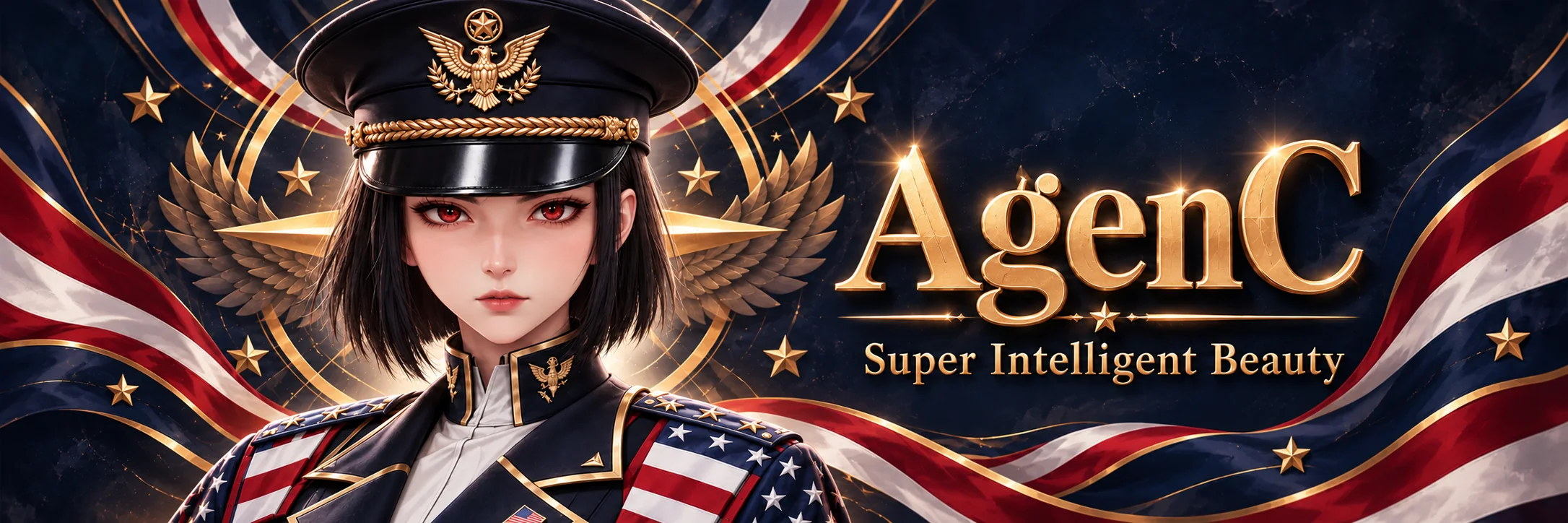 AgenC — Super Intelligent Beauty banner: the dark-bob portrait in peaked cap with gold eagle and gold wings, title AgenC in gold, flag ribbons on navy