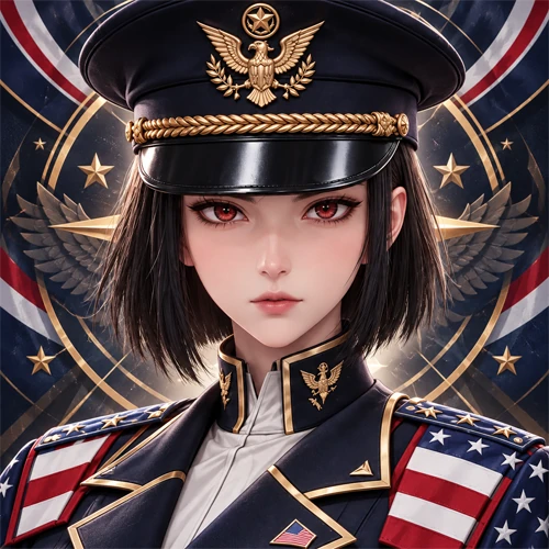 AgenC official portrait: short dark bob, red eyes, peaked cap with gold eagle, navy tunic with flag epaulettes
